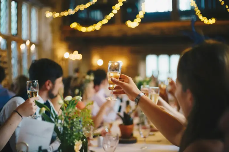 Invitados brindando en una boda bajo guirnaldas de luces cálidas